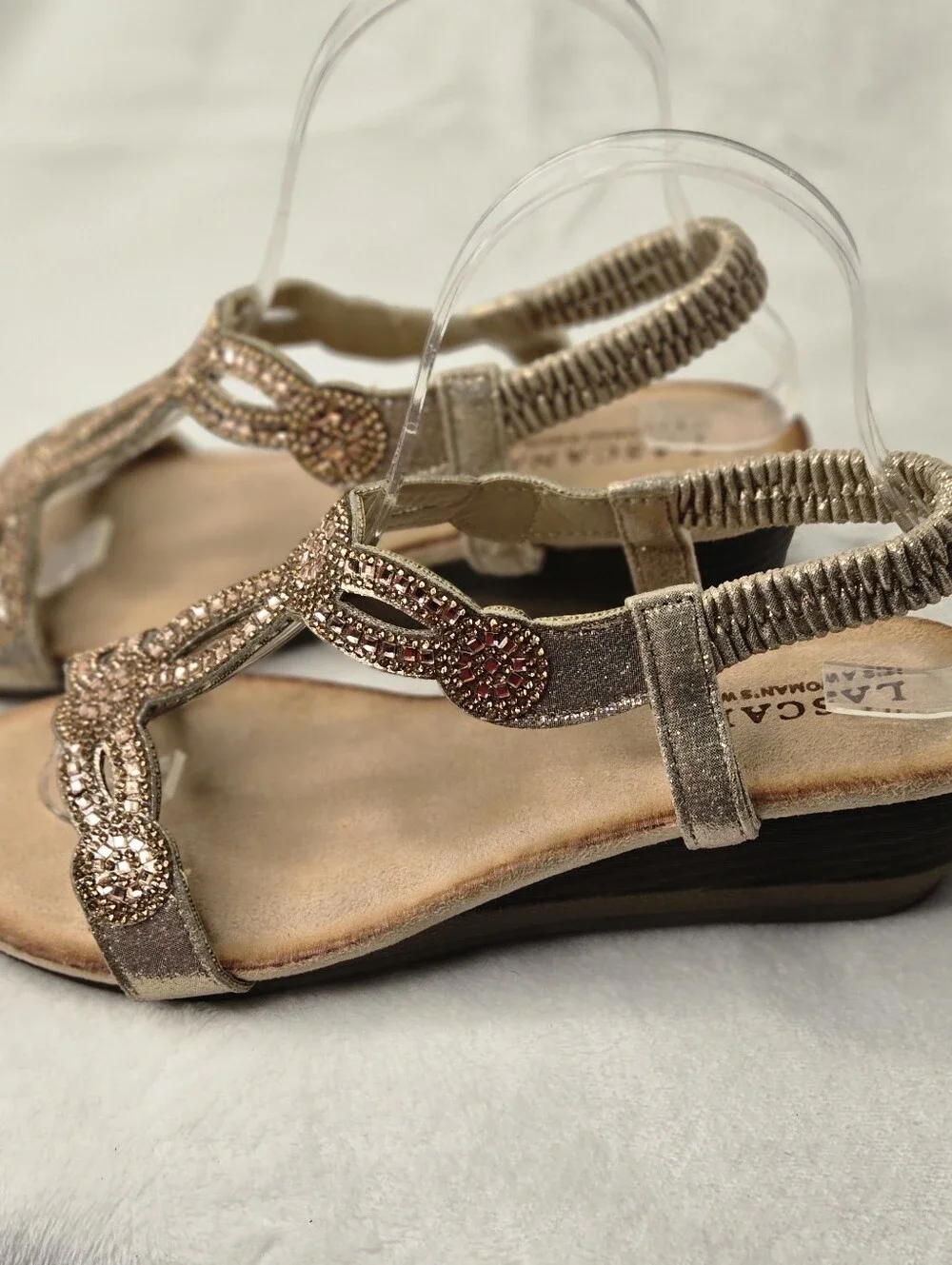 Lascana Women's Wedge Sandals With Rose Gold Rhinestones Size 7.5